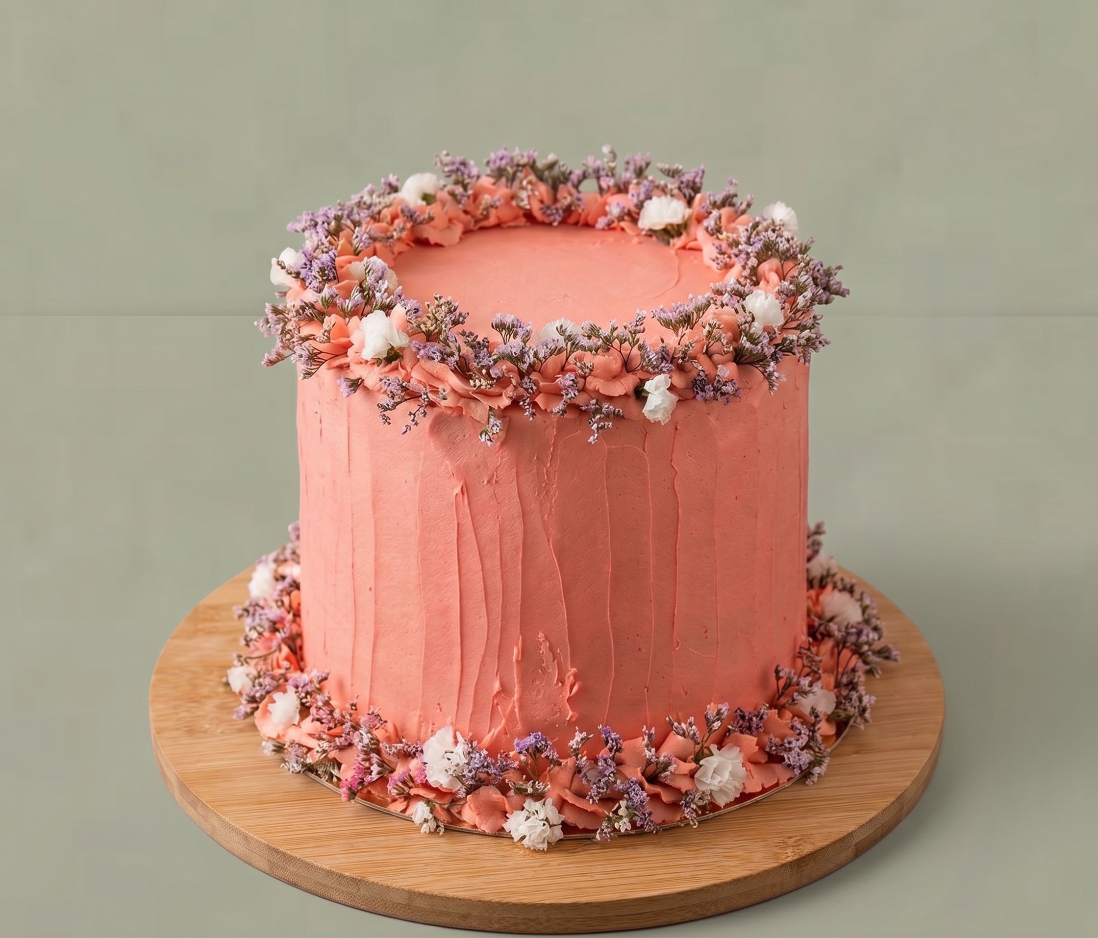 Layer cake corail avec couronne de fleurs séchées — Naby Pâtisserie
