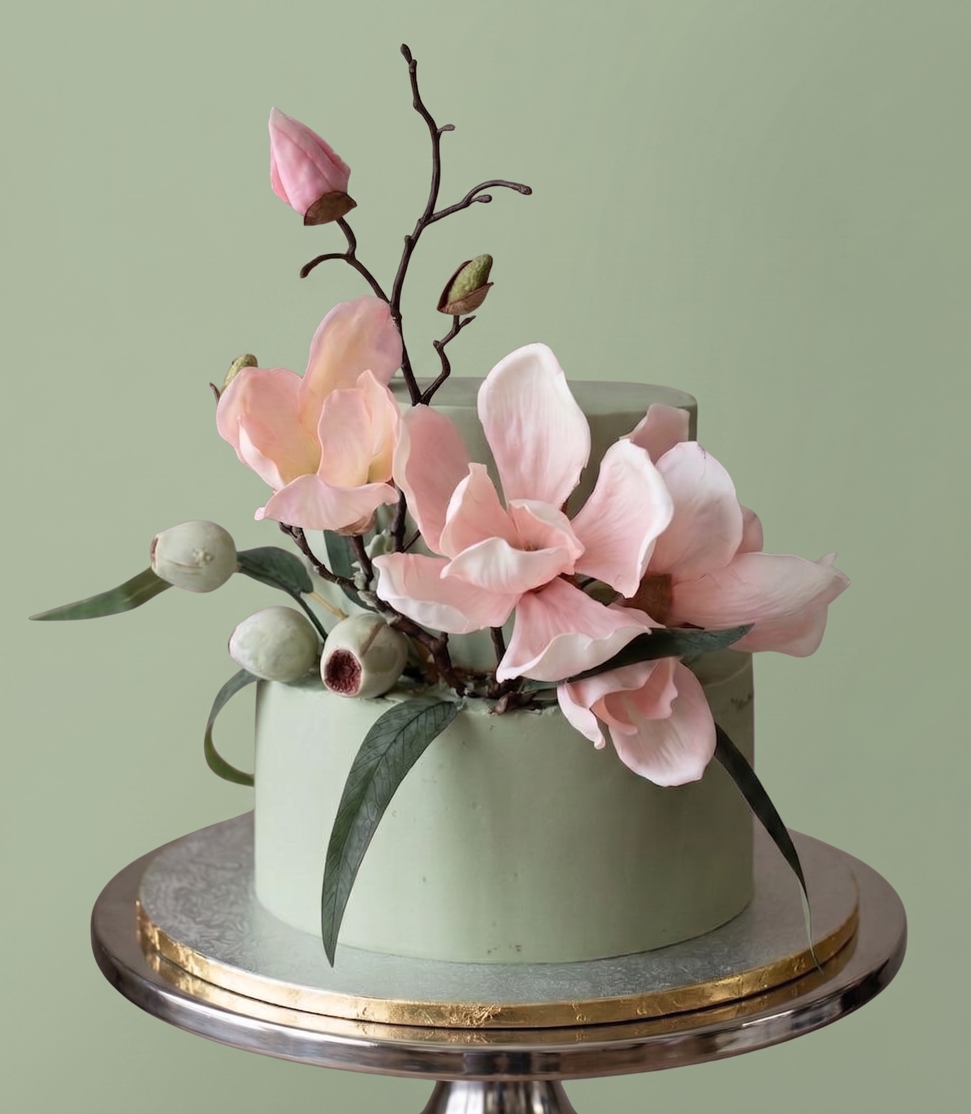 Gâteau vert sauge avec magnolias roses — Naby Pâtisserie