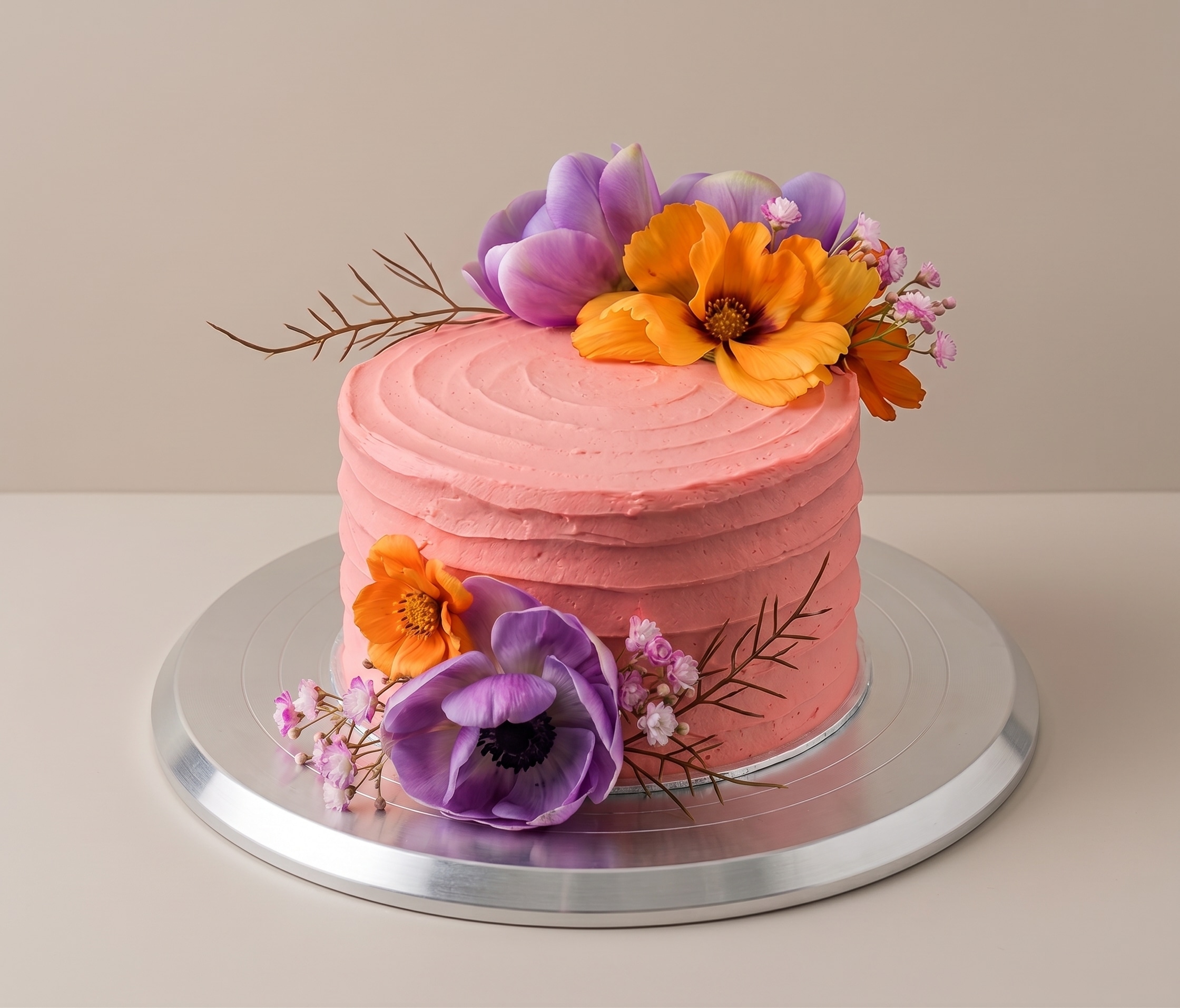 Layer cake rose avec fleurs violettes et orangées — Naby Pâtisserie